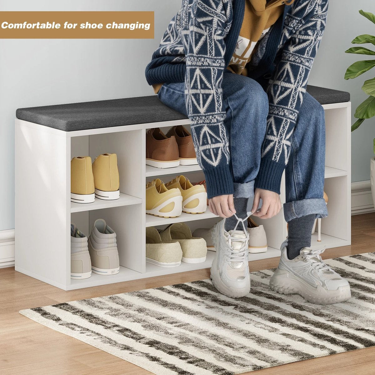 RosaBloom Schoenenkast - Kast - Kledingkast - Opbergbank - 7 Ruime Opbergvakken - Met Zitkussen - 103,5x30x48 cm - Wit/Grijs