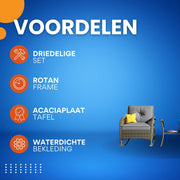 3-delig Tuinmeubelset - Loungeset - Tuinlounge Lounge Set - Lounge Set - Balkonset - Voor Balkon, Tuin of Terras - Rotan & Metalen Frame met Acaciaplaat - Waterdichte Bekleding & Grijze Kussens - 160 kg Draagvermogen