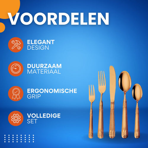 20-delig Bestekset - Bestek - Messen, Vorken, Lepels, Theevorken en Theelepels - Voor Diner en Feestelijke Gelegenheden - Roestvrij Staal - Goudkleurig