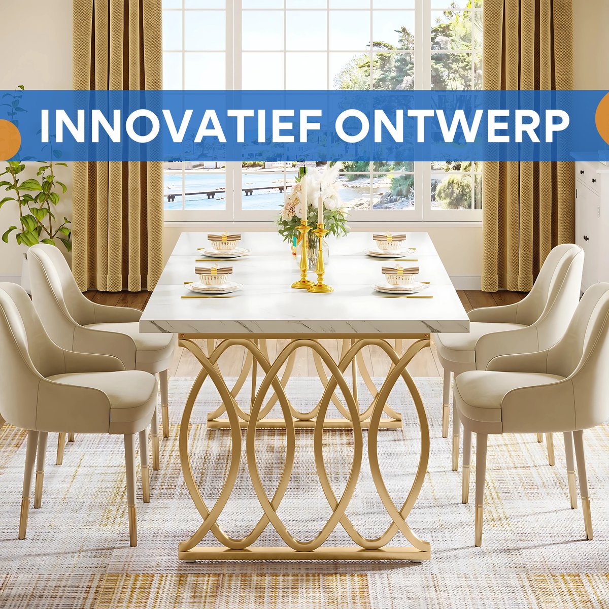 Moderne eetkamertafel Duvia - Woonkamer -Marmerlook Blad - 160cm