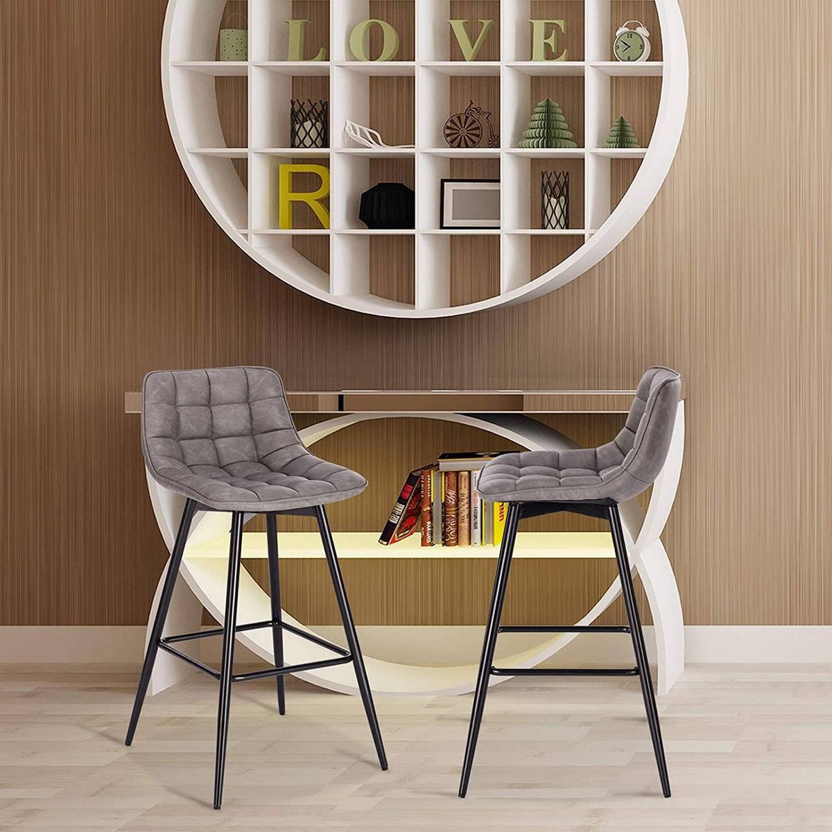 Barkruk Miso Industrial - Donkergrijs - Barkrukken set van 2 - Barstoel Kruk - Barstoelen met rugleuning - Keukenstoel - Kunstleer