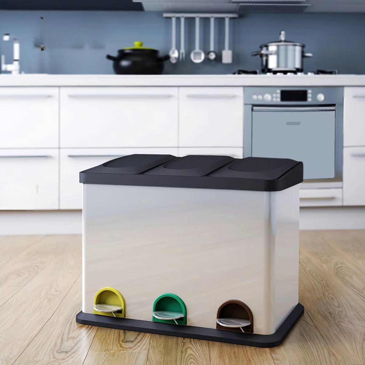 Pedaalemmer 3 vakken - 24L - Prullenbak - Afvalscheiding - RVS - Softclose - Anti-slip