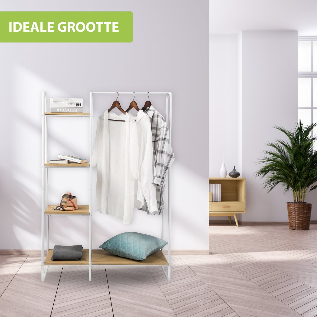 Luxiqo Kledingrek Met Schoenenrek | Inclusief 4 Opbergplanken | 102 x 40 x 150 CM | Wit metaal