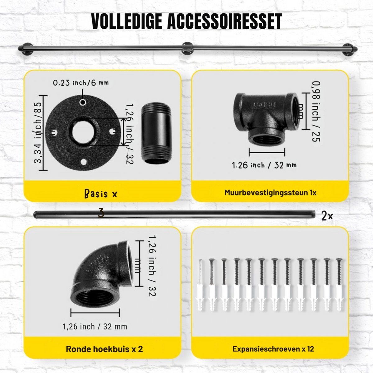 Trapleuning 180cm - Anti slip - Balustrade - Binnen en buiten - Houders - Leuningen voor Trappen - Staal - Met trapleuninghouders