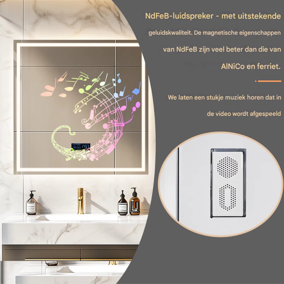 Ronde Badkamerspiegel - Met bluetooth en verlichting - 80cm - Voor Badkamer, Make-up & Wandmontage - Dimbaar licht - Muziek