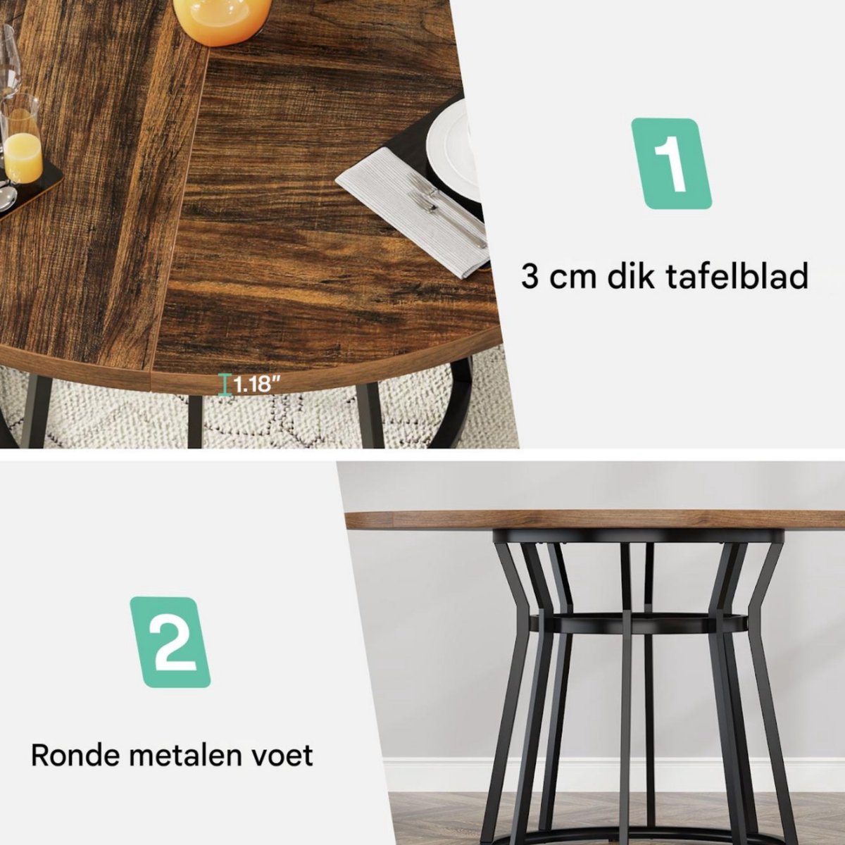 Eettafel Aravon - Rond 120cm - Keukentafel voor 4 Personen - Voor Keuken of Eetkamer