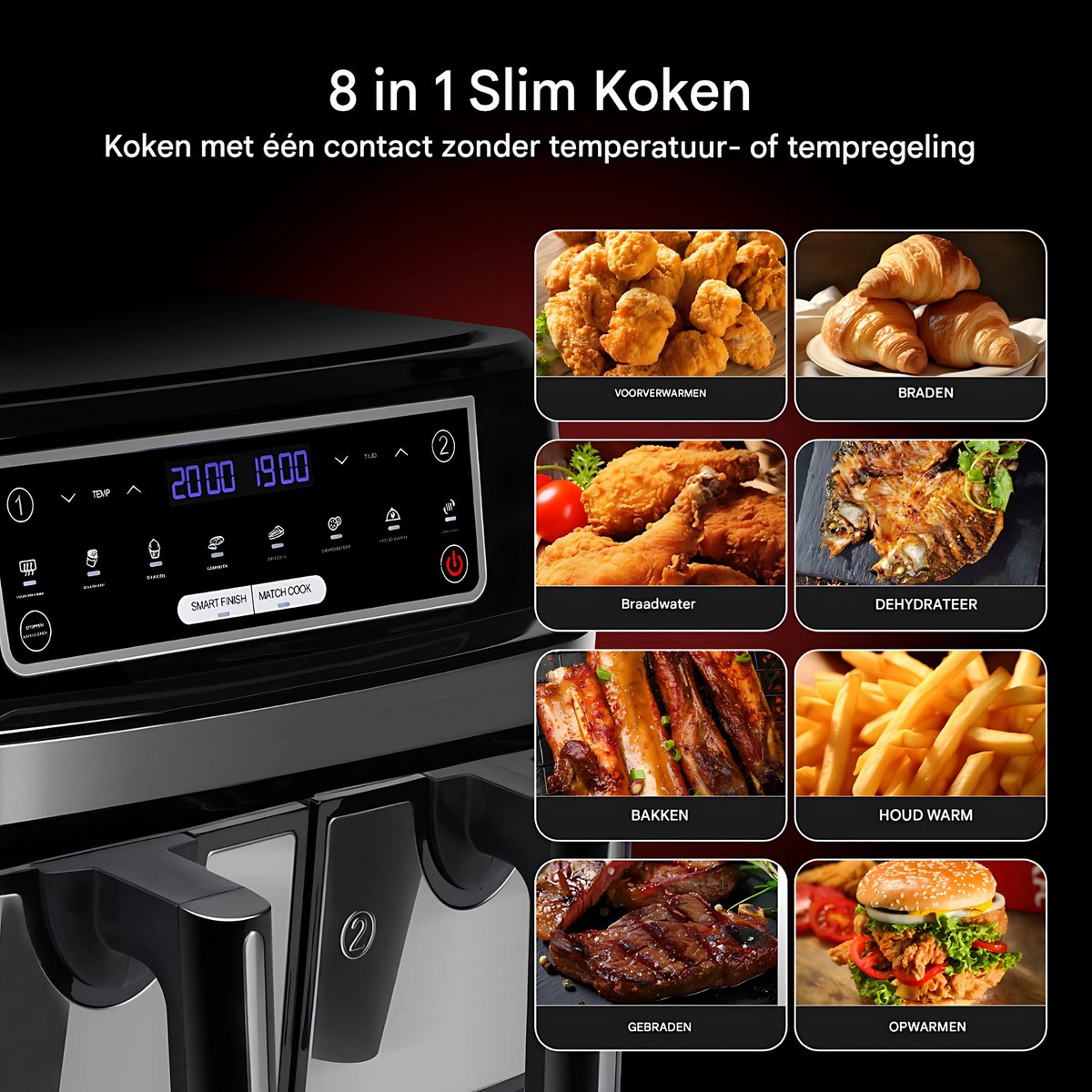 Mini oven - Grill rooster - Bakplaat - Airfryer - Voor Gezinsmaaltijden en Efficiënt Koken - 6-in-1 Slim Design met Dubbele Manden - 10 QT, Ruimtebesparend