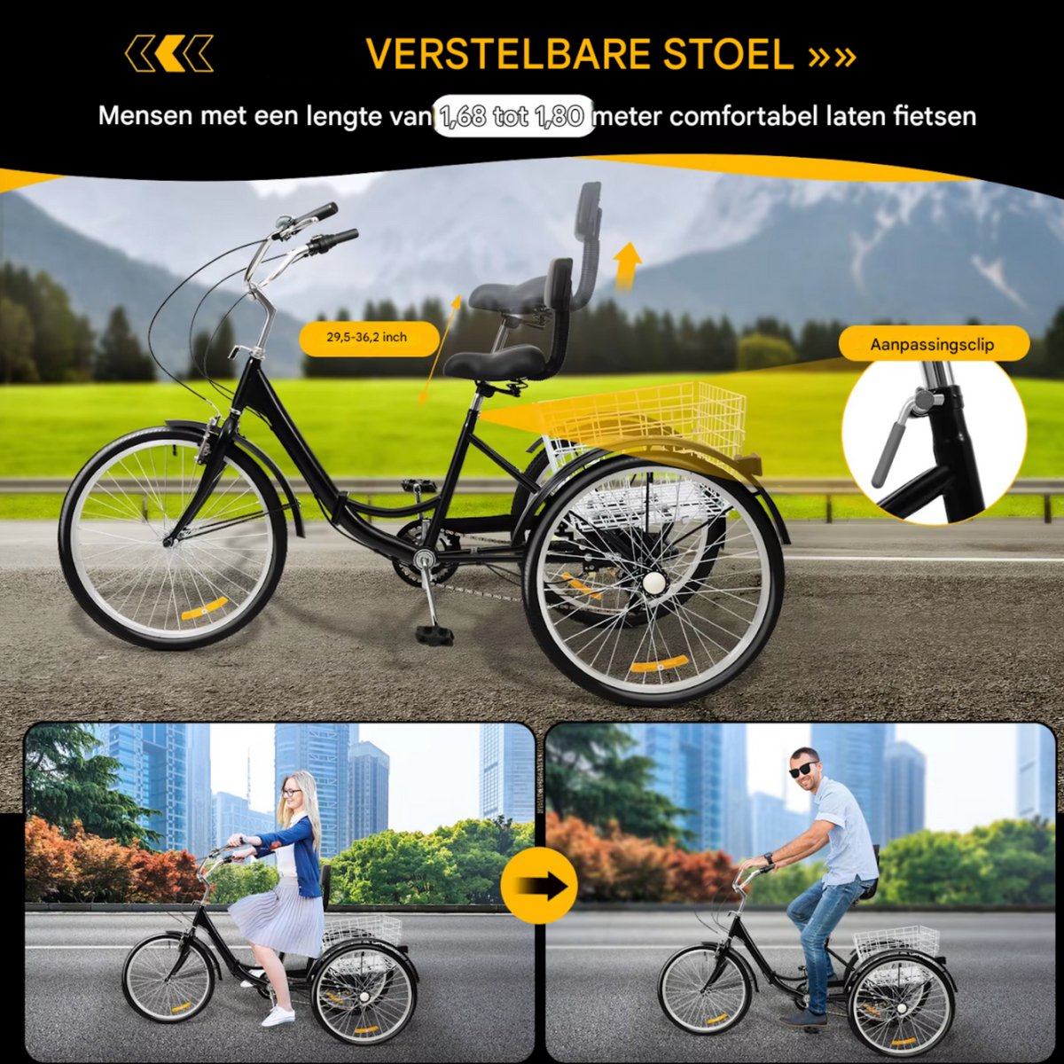 Driewieler Nevlo - 7 versnellingen - Fiets voor volwassenen en senioren - 24 Inch - Opvouwbare - Verstelbaar - Met mand - Voorrem - Zwart - 120KG