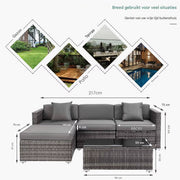 Polyrotan Lounge Tuinset voor 4 Personen - 5-delige Tuinmeubelen Set met Hoekbank en Salontafel - Incl. Kussens voor Patio & Tuin - Donkergrijs