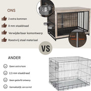 Houten Hondenbenche - Hondenren - Hondenkrat Bijzettafel met Afneembare Kommen en Dienblad - Dubbele Deuren Hondenkennel voor Middelgrote Honden Binnen - 112 x 73 x 78 cm - Grijs