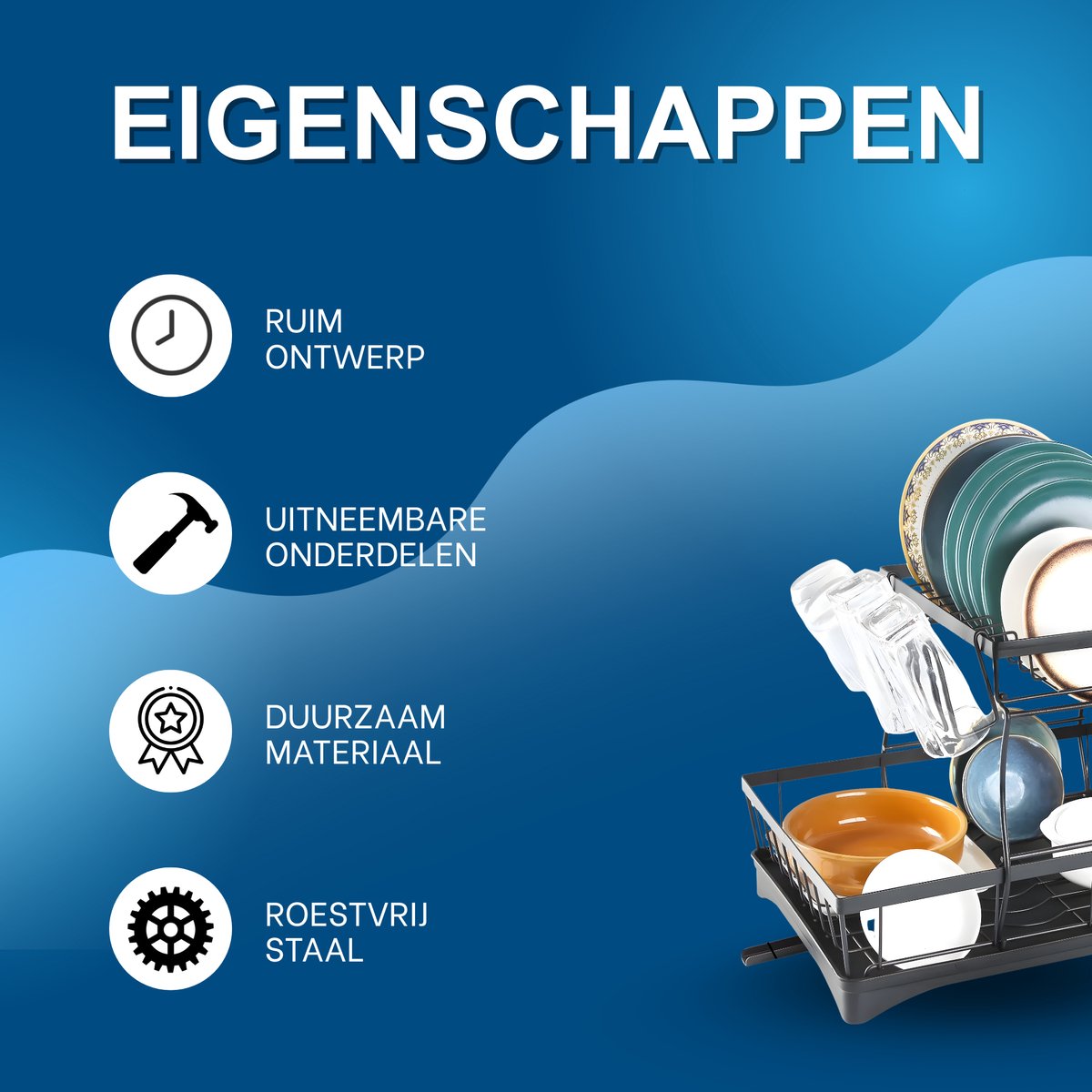 Afwasrek – Droogrek - Voor keukentafels en aanrecht – 2-laags droogrek met uitneembare onderdelen – Gemaakt van duurzaam kunststof/roestvrij staal - Zwart