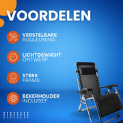 Tuinstoelen - Campingstoel - Ligstoel - Klapstoel - Voor outdoor, camping & tuin - Verstelbare rugleuning met bekerhouder - Draagbare ligstoel en fauteuil - Zwart - 1 stuk