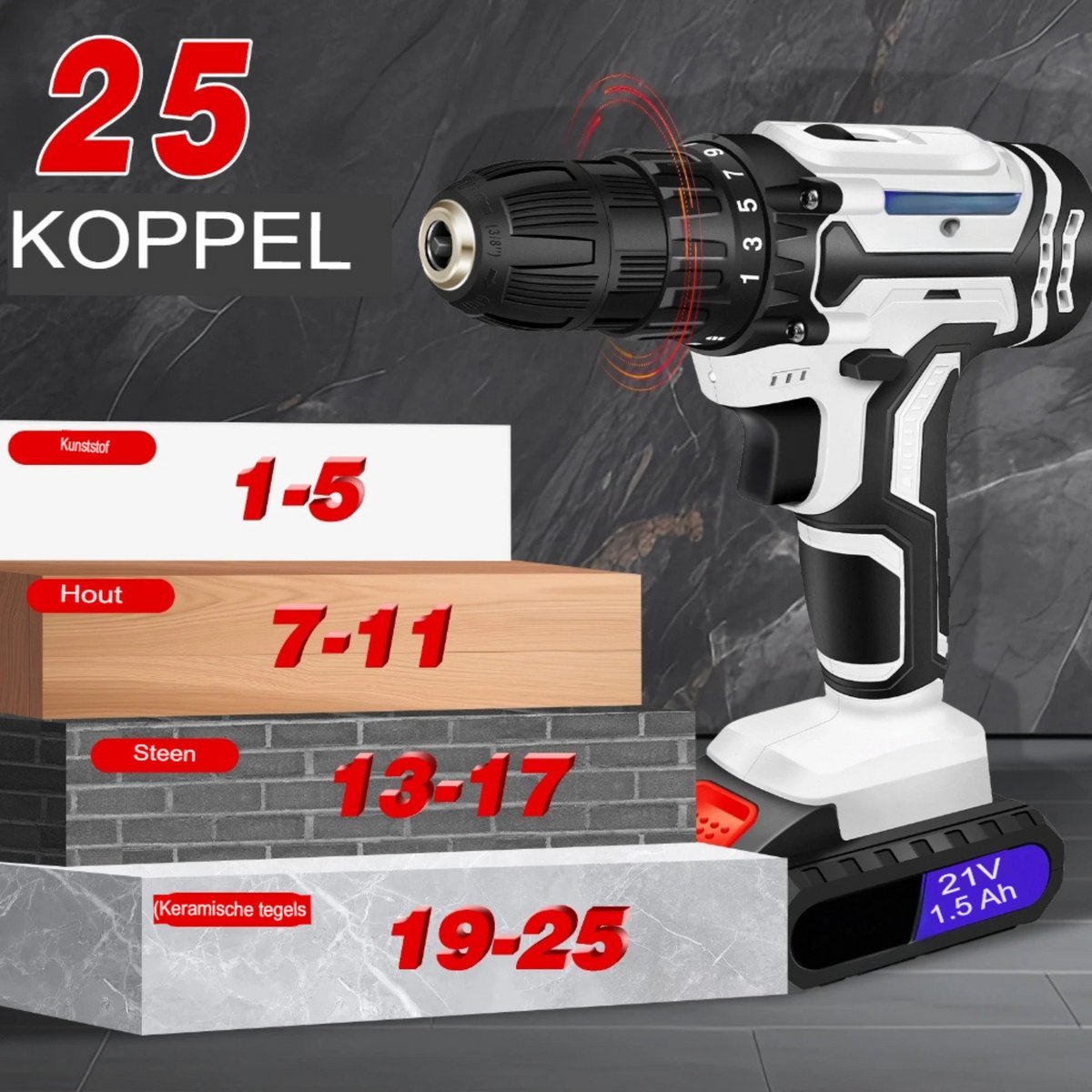 Accuboorboorset 21V Tavien - Elektrische Schroevendraaier - 2 Variabele Snelheden - 25+1 Koppel - Li-Ion Batterij en Snellader