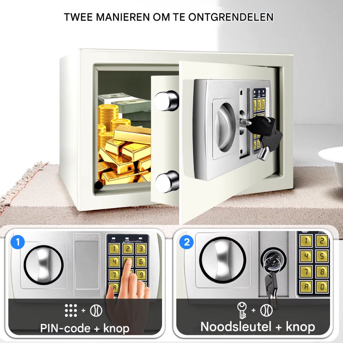Digitale Stalen Kluis Quorin - 16L - Elektronische Beveiliging - Geld- en Waardekist voor Kantoor en Thuis - 2 Compartimenten met 2 Sleutels