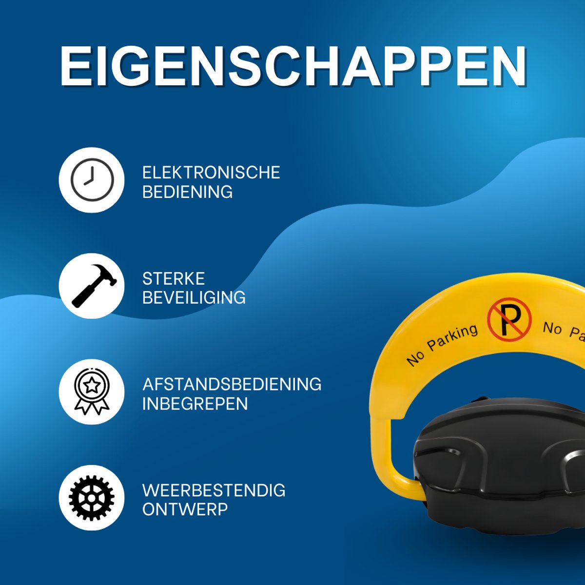 Elektronisch parkeerslot – Voor privégebruik – Robuust, IP67 waterdicht, 2 afstandsbedieningen, 180° antibotsing en automatisch alarm – Yellow