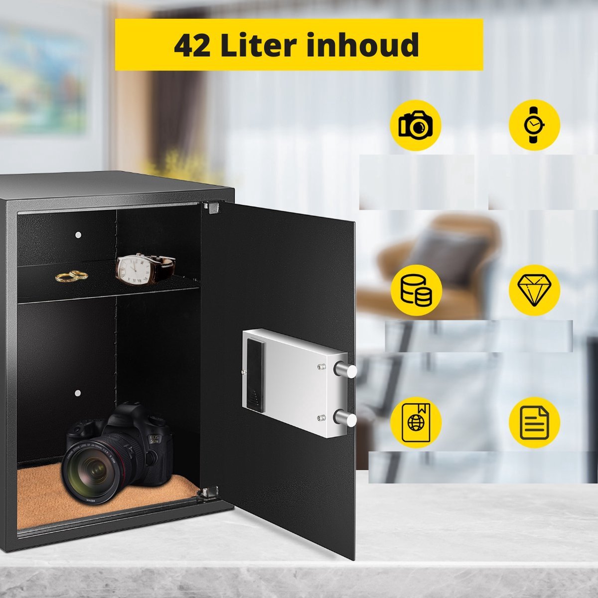 Happyment Kluis Brandwerend - Kluisje Met Cijferslot - Kluisje - Kluisjes Met Sleutel - Geldkluis - Elektronisch - Zwart - 42L