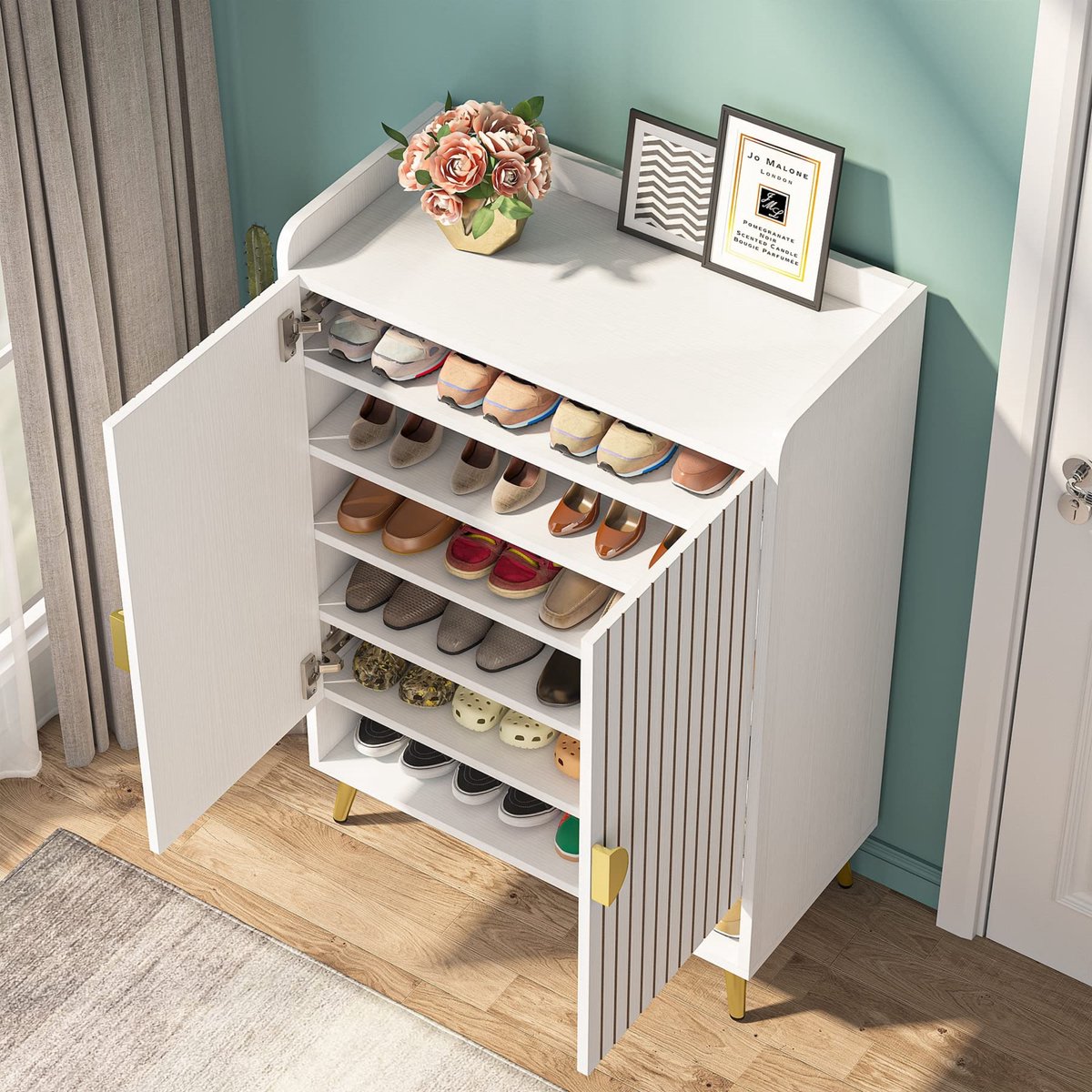 Schoenenkast Nero met deuren - Wit - Schoenenrek - 110cm - 6 laags - Houten opbergkast
