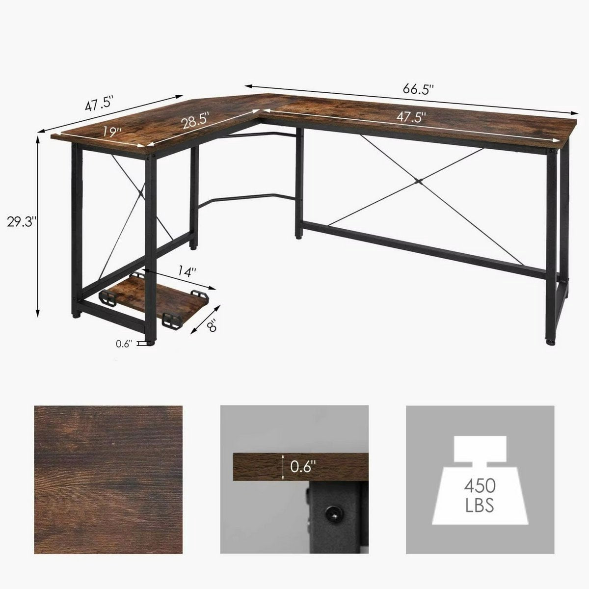 L-vormig Hoekbureau Fioren - Voor Thuiswerken, Gaming & Kantoor - Ruim PC & Laptop Werkstation - 167 cm - Retro