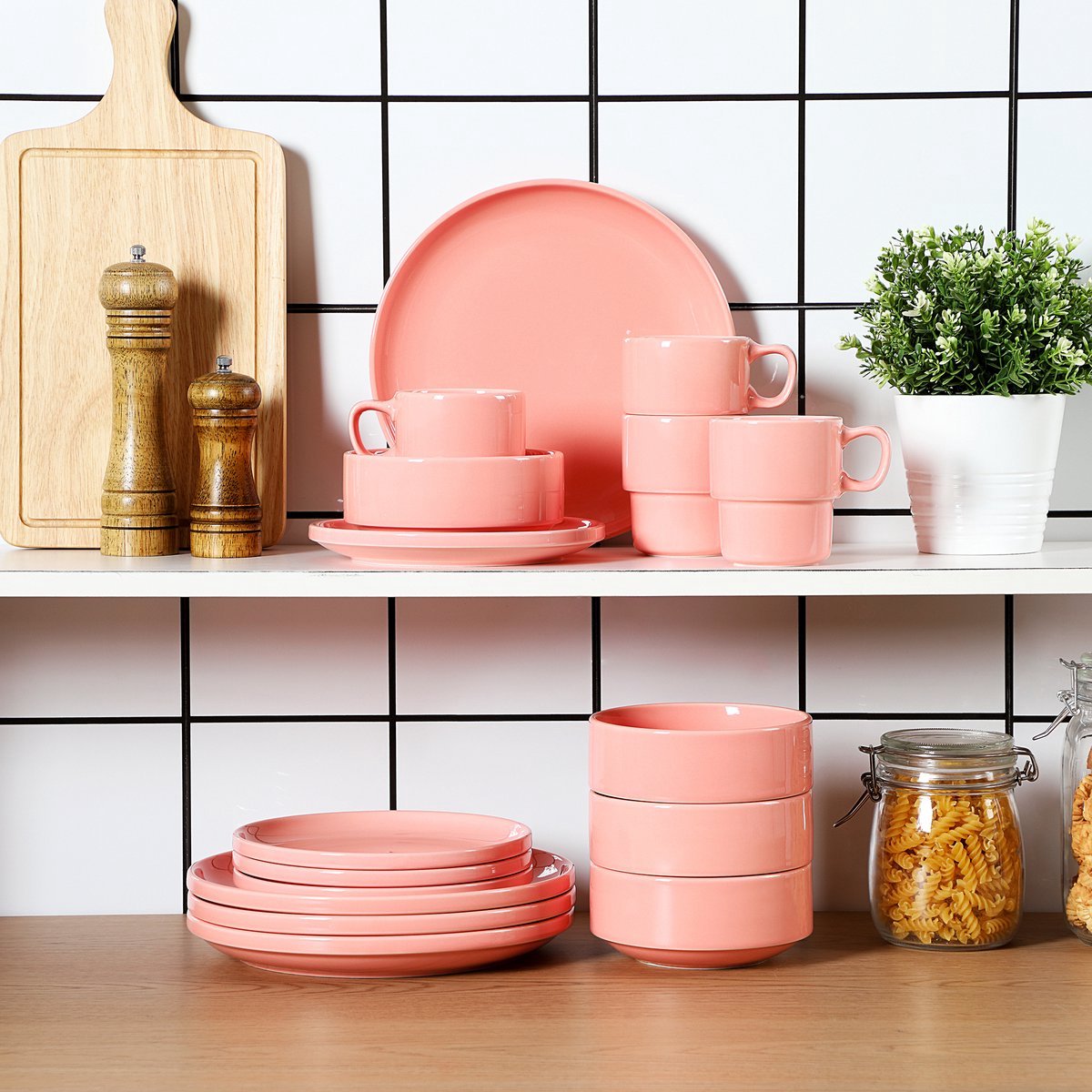 Sorella Serviesset Rosé - 16 delig - 4 persoons - Baby roze - Dinerborden - Bordenset - Diepe borden - Ontbijtborden - Servies - Keukenservies