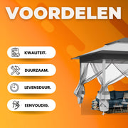 Tuinhuisje - Voor Buiten en Patio - Met 4 Afneembare Klamboes, UV- en Regendicht - Opvouwbaar met Dubbele Dakrand - 3,3 x 3,3 m - Lichtgrijs