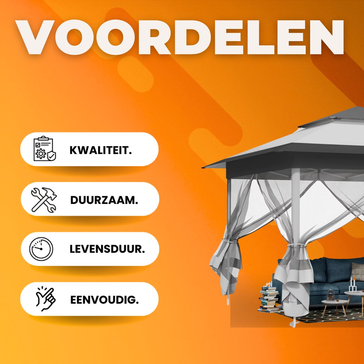 Tuinhuisje - Voor Buiten en Patio - Met 4 Afneembare Klamboes, UV- en Regendicht - Opvouwbaar met Dubbele Dakrand - 3,3 x 3,3 m - Lichtgrijs