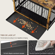 Houten Hondenbenche - Hondenren - Hondenkrat Bijzettafel met Afneembare Kommen en Dienblad - Dubbele Deuren Hondenkennel voor Middelgrote Honden Binnen - 112 x 73 x 78 cm - Bruin