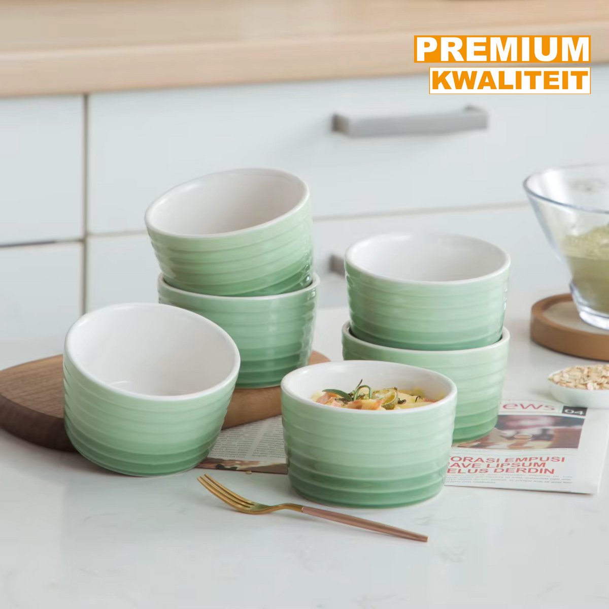 Ornate Kommen – 6 delig – Groen Keramisch – Eetborden – Breakfast Plates - Serviesset
