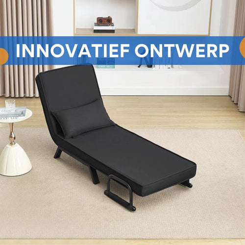 3-in-1 Slaapbank - Voor Appartement of Slaapzaal - Verstelbare Klapstoel met Afneembaar Kussen - Logeerbed van Linnen - Color: Black-Eenzitter