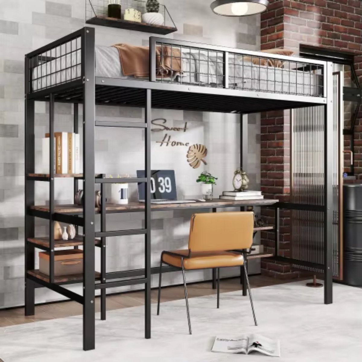 Luxe hoogslaper Retro - Voor kinderen - 90x200 cm - Met bureau - Kinderbed - stapelbed - Met Hoektrap, valbeveiliging en raam - Peuterbed