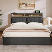Bed - Opbergbed - Opbergruimte - Hydraulisch tweepersoonsbed Linnen lattenbodem Houten metalen frame - Beige - 160x200