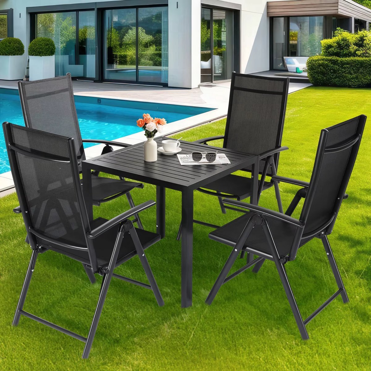Tuintafel Fioren - Buitentafel - Eettafel buiten - Weerbestendige Terrastafel - Rechthoekige Aluminium Tafel - 75x75x73 cm - Voor Tuin en Achtertuin - Zwart