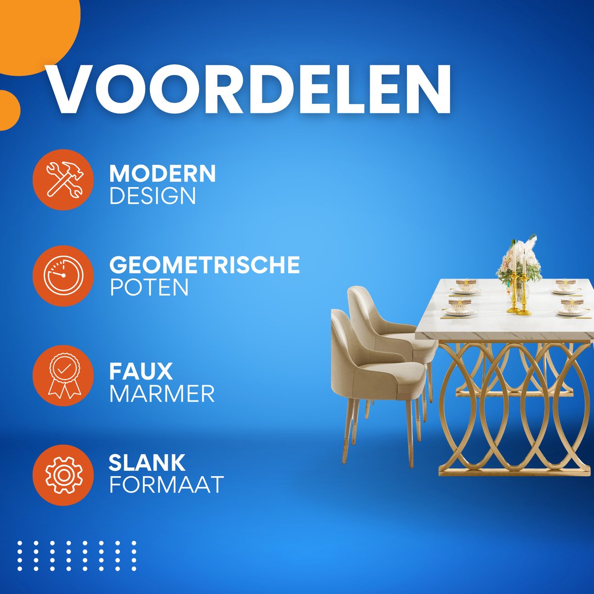 Moderne eetkamertafel Duvia - Woonkamer -Marmerlook Blad - 160cm