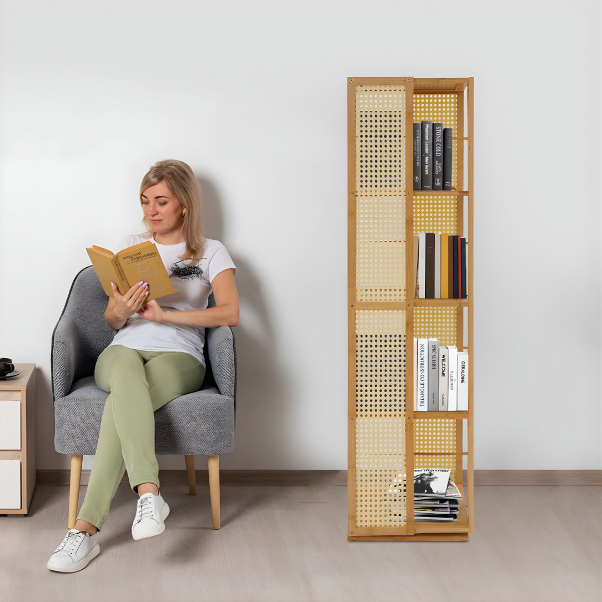 Draaibare boekenkast - Boekenrek - Opberruimte - Voor boekenopslag - Voor boeken en decoratie - 4-laags - 360° draaibaar ontwerp - Wood