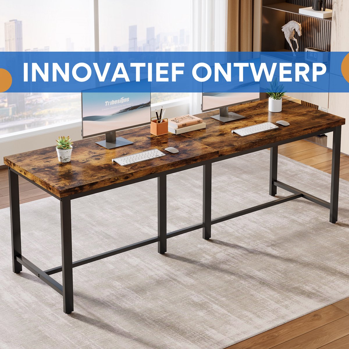 Computerbureau - Voor 2 personen en thuiskantoor - Extra lang dubbel werkstation - 78,7 inch, grote studie schrijftafel
