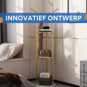 Kapstok Levino - Met gouden metaal - Voor Slaapkamer en kantoor - Staande kapstok - 2 lagen