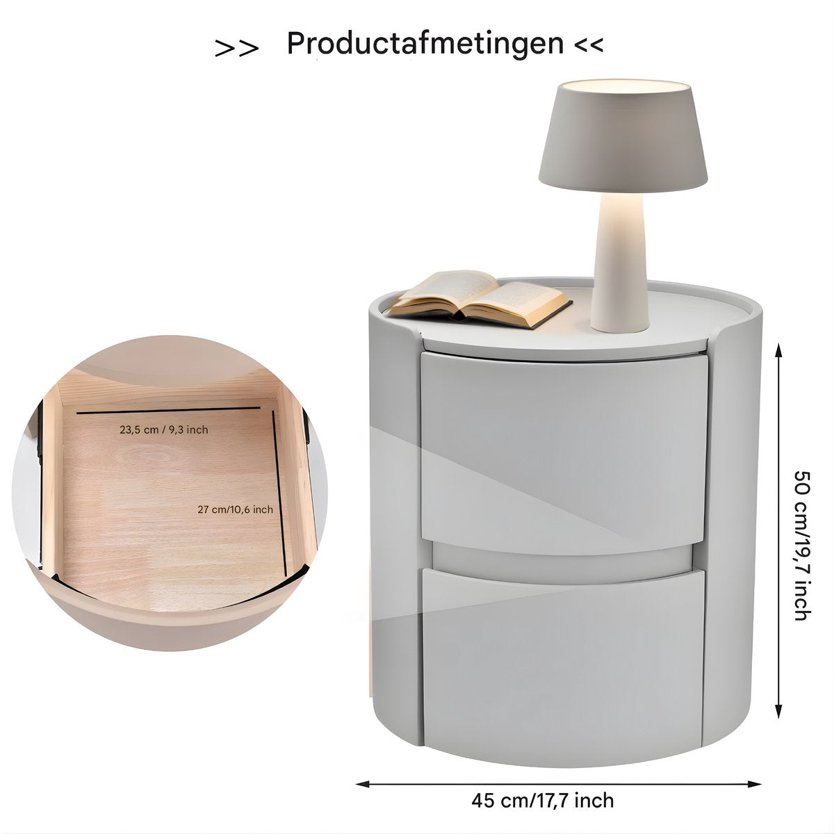 Rond nachtkastje - Bijzettafel - Voor thuis, kantoor of slaapkamer - Modern, met 2 laden - Massief hout - Grijs