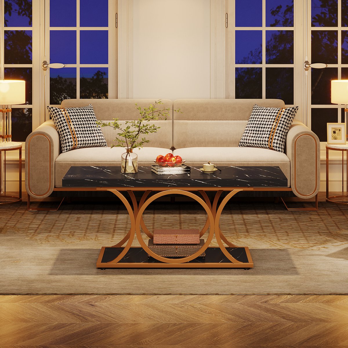 Salontafel - Koffietafel - Bijzettafeltjes woonkamer - Voor woonkamer - 2-laags - Zwart Kunstmarmer, hout