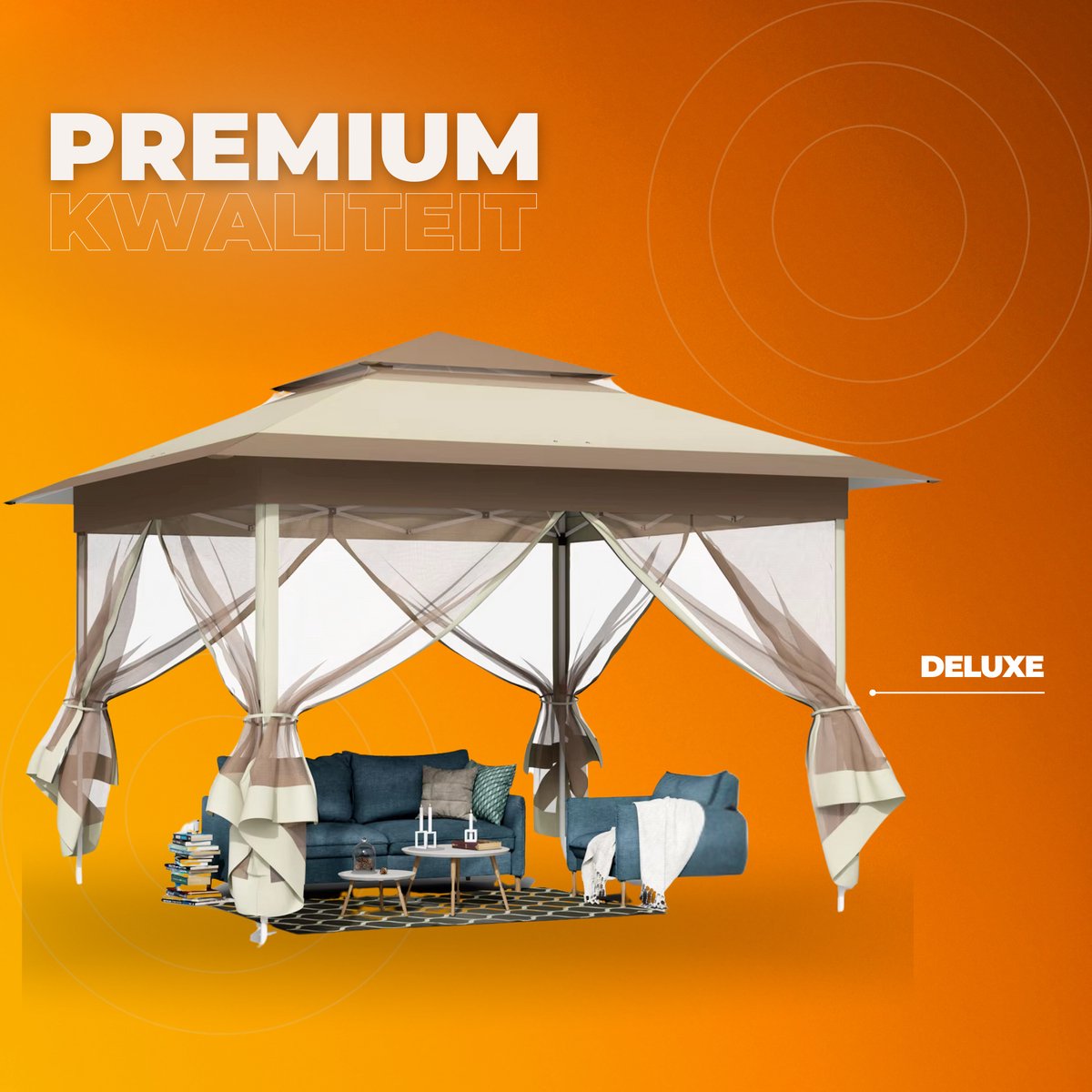 Tuinhuisje voor Buiten - Met 4 Afneembare Klamboes, UV- en Regendicht - Pop-up Patio Tuinhuisje met Dubbele Dakrand - Opvouwbaar - 3,3 x 3,3 m - Khaki