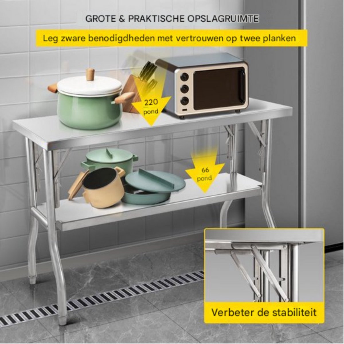 RVS Werktafel - Werkbank - 1220x610x850 mm - Keuken- of Garagegebruik