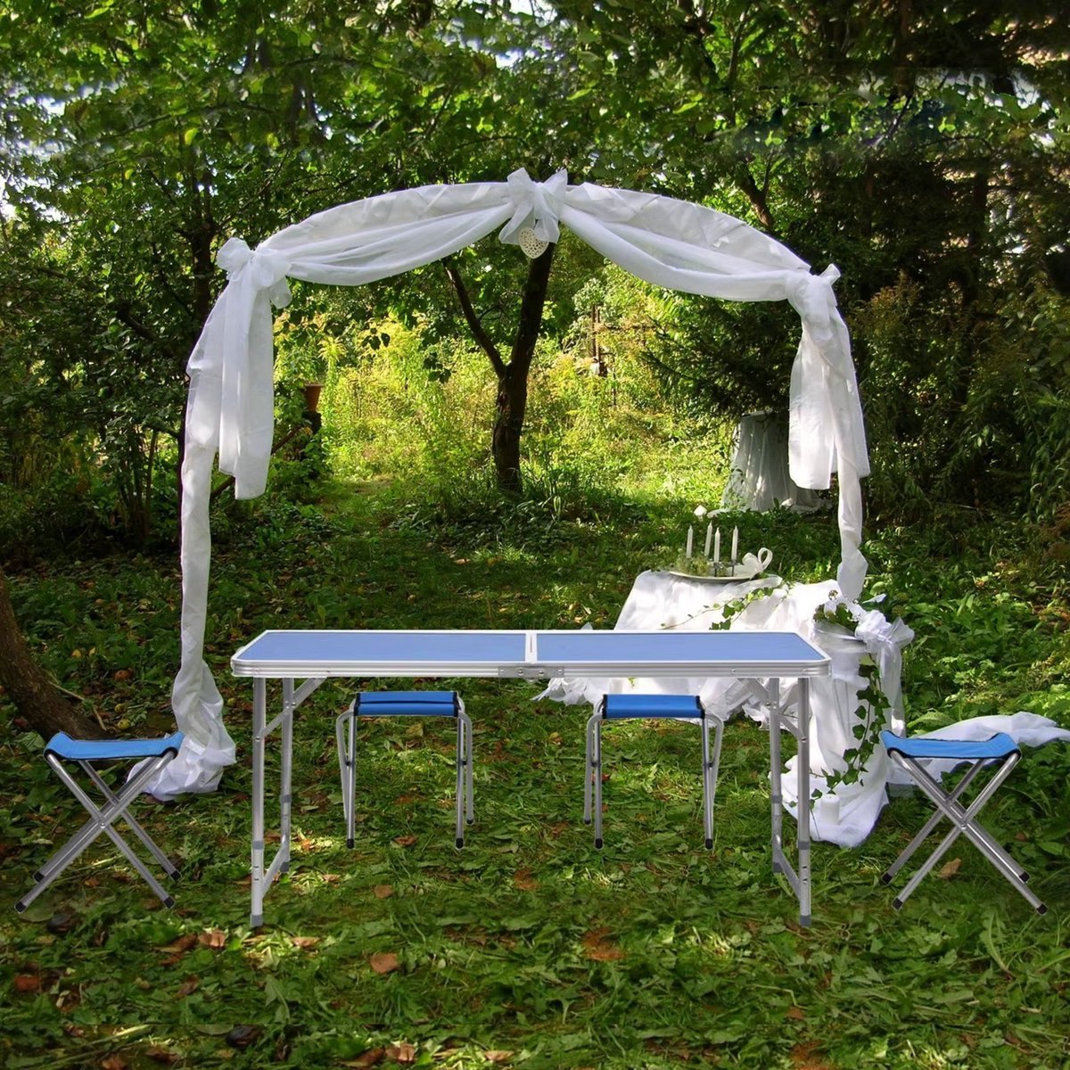 Kampeertafel 5-delig - Opvouwbaar - Klaptafel - Voor Camping en Tuin - Inklapbaar met 4 Krukken - Aluminium 120 cm - Blauw