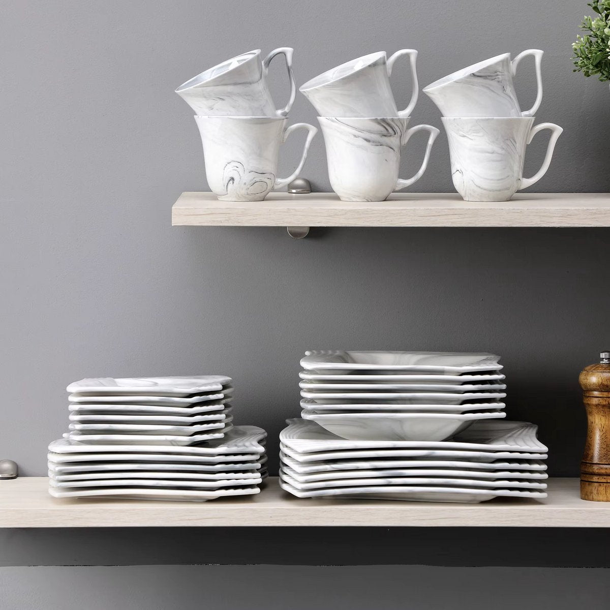 Ornate Bordenset – 6 persoons – 30 delig – Marmerlook Keramisch – Dinerborden – Ontbijtborden