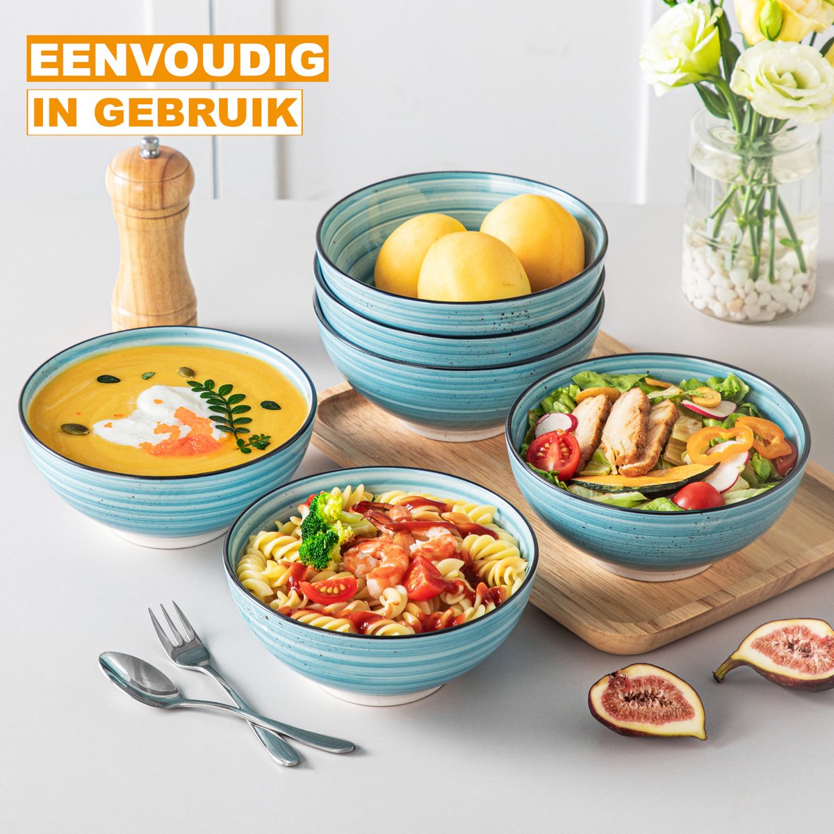 Fiorenzo Serviesset - 6 delig - 6 persoons - Blauw - Dinerborden - Bordenset - Diepe borden - Ontbijtborden - Servies - Keukenservies