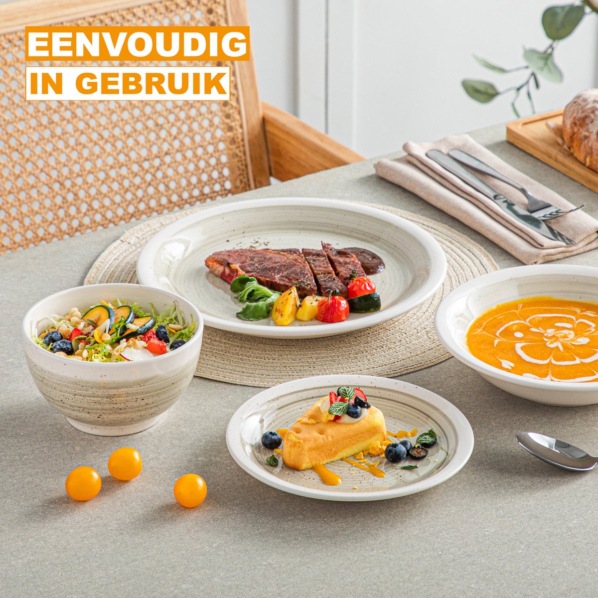 Velentino Serviesset - 16 delig - 4 persoons - Beige - Dinerborden - Bordenset - Diepe borden - Ontbijtborden - Servies - Keukenservies