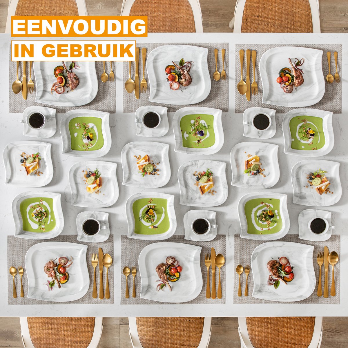 Opulent Ontbijtborden – 12 persoons – 60 delig – Marmerlook Keramisch – Dinerborden – Kleine Borden