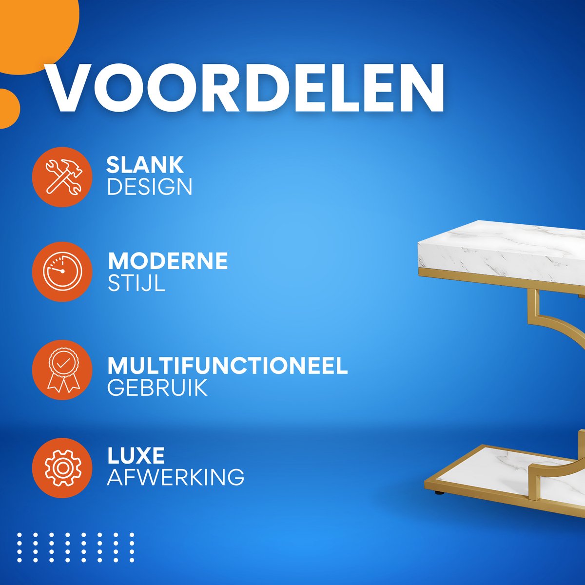 Bijzettafel Dublin - Voor woonkamer of slaapkamer - Nachtkast - Wit/goud