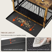 Houten Hondenbenche - Hondenren - Hondenkrat Bijzettafel met Afneembare Kommen en Dienblad - Dubbele Deuren Hondenkennel voor Middelgrote Honden Binnen - 112 x 75 x 84 cm - Grijs