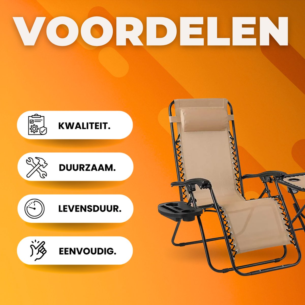 Opvouwbare Ligstoel voor de Tuin - Tuinstoel - Ligbed - Met tafeltje - 2 stuks- Beige
