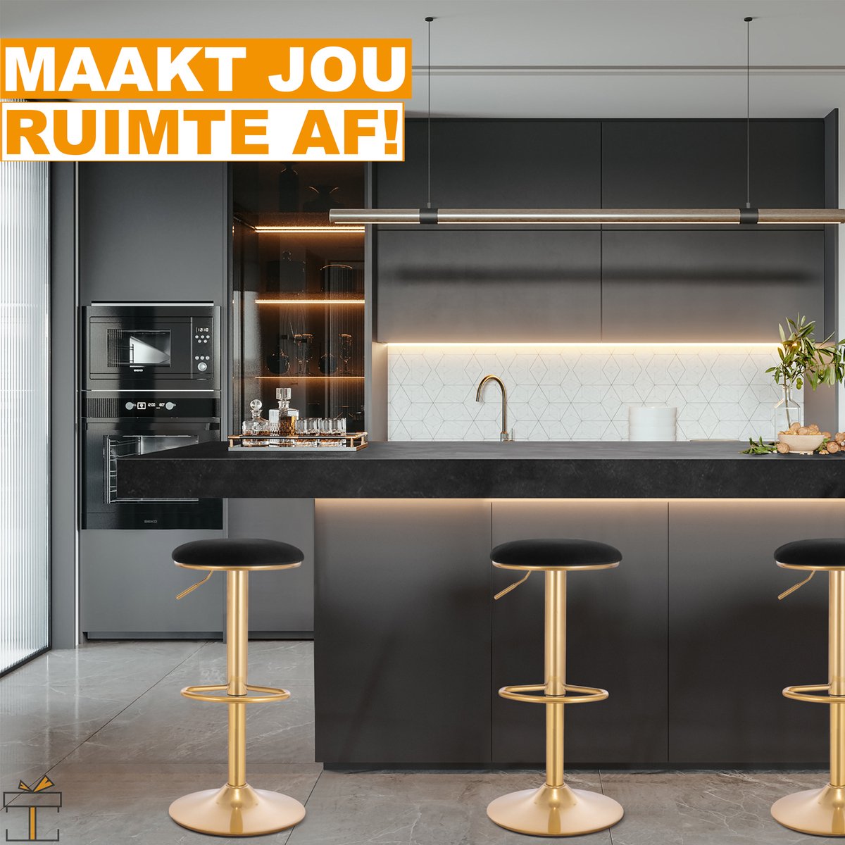 Happyment Luxe Barkruk - Zwart/goud Velvet - Barkrukken zonder rugleuning - Verstelbaar - 38x(61-82)cm