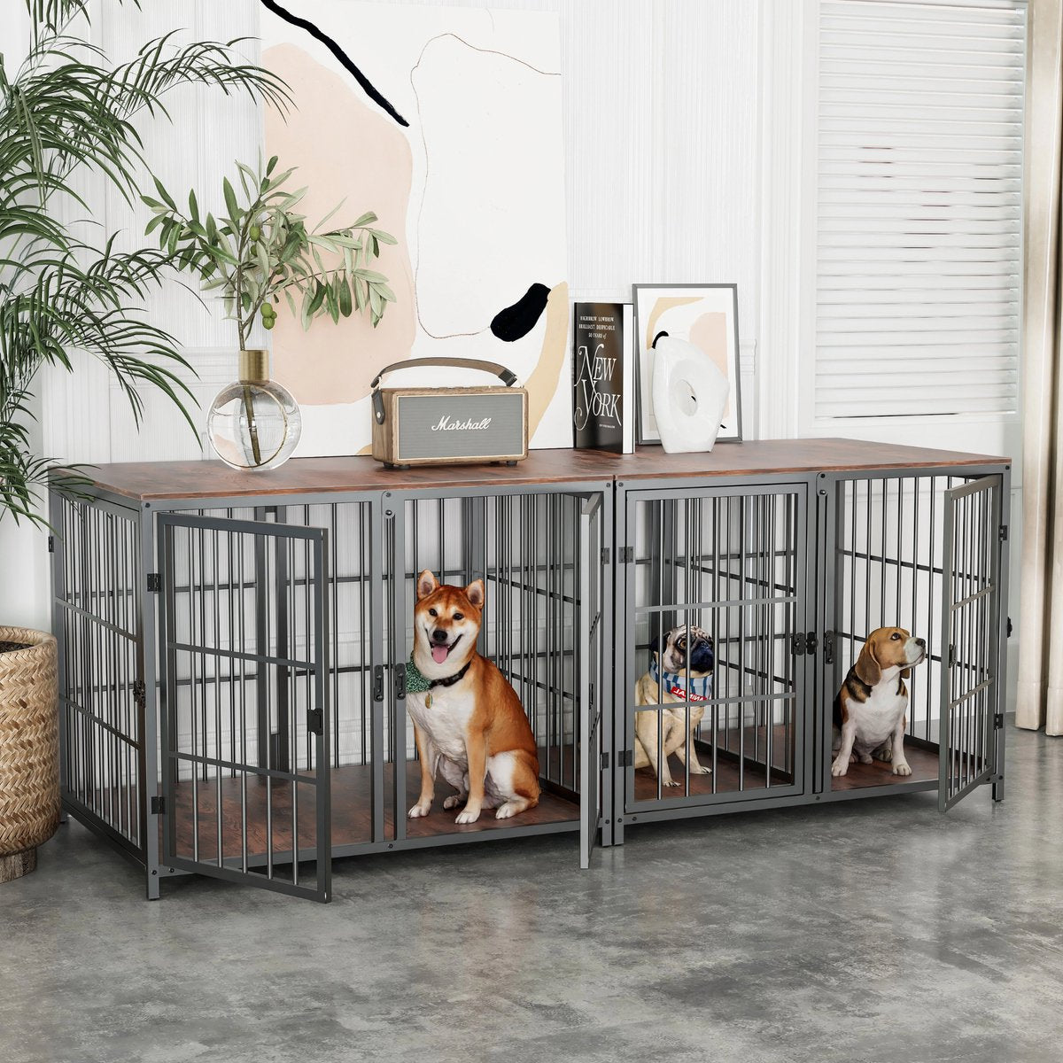 Hondenbench - Hondenkrat - Hondenkennel - Hoekvormig - Hondenhok - Voor Kleine & Middelgrote Honden - Walnoot - 90x62x68.5cm