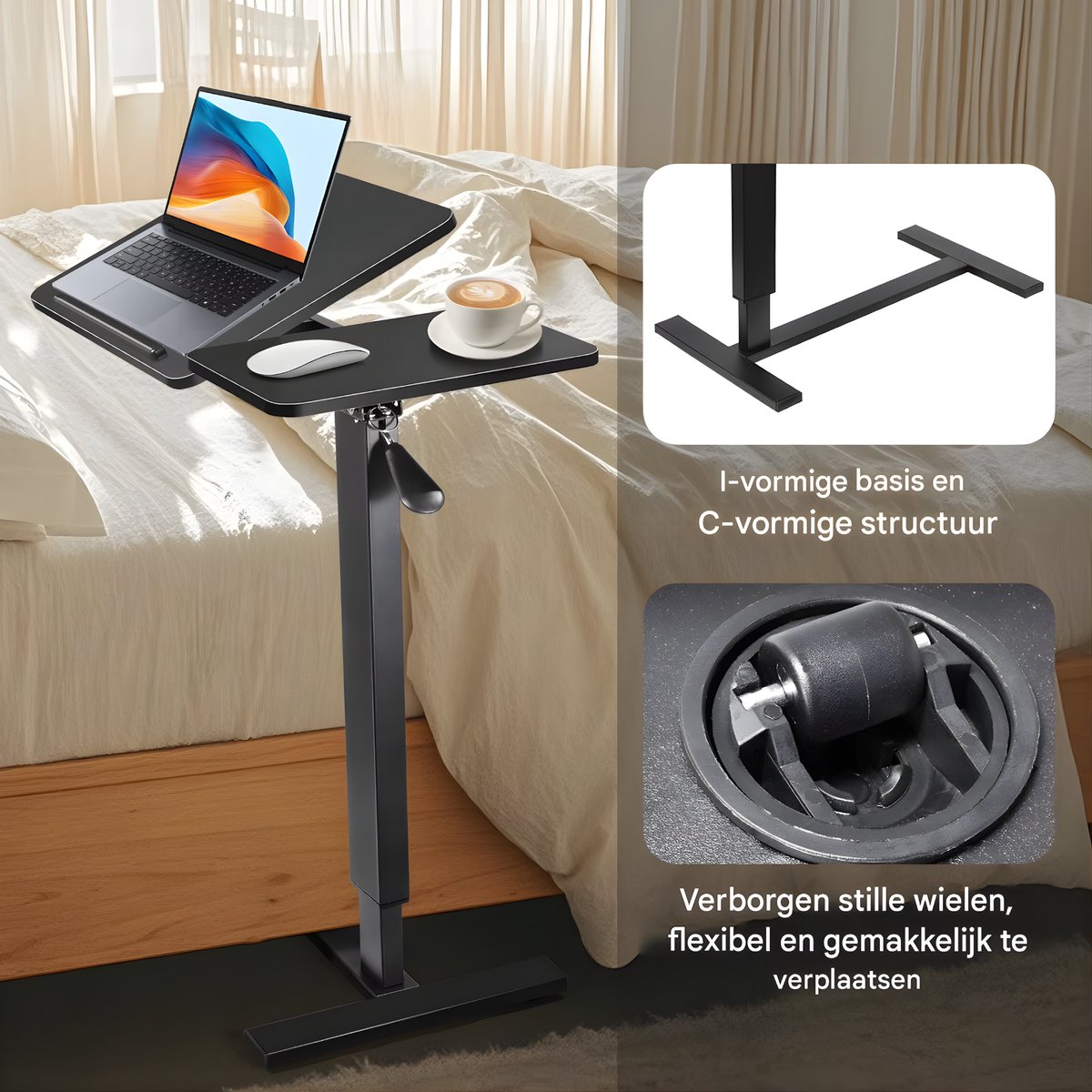 Zit-sta-bureau - Bedtafel - Laptoptafel - Bijzettafel - Voor woonkamer, slaapkamer of slaapzaal - In hoogte verstelbaar - Zwart